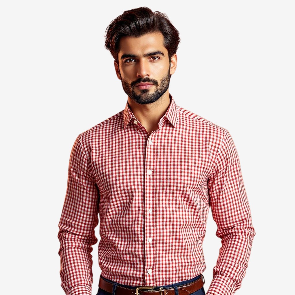 Pakistani man wearing a tailored checkered formal shirt in muted colors, standing in a softly lit background, smart and stylish look.