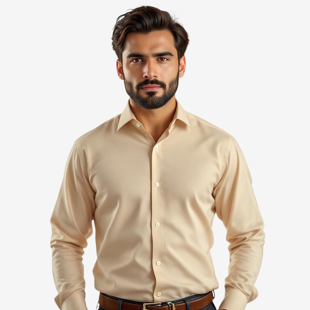 Handsome Pakistani man in a plain beige formal shirt with a soft, warm-toned background and professional look.