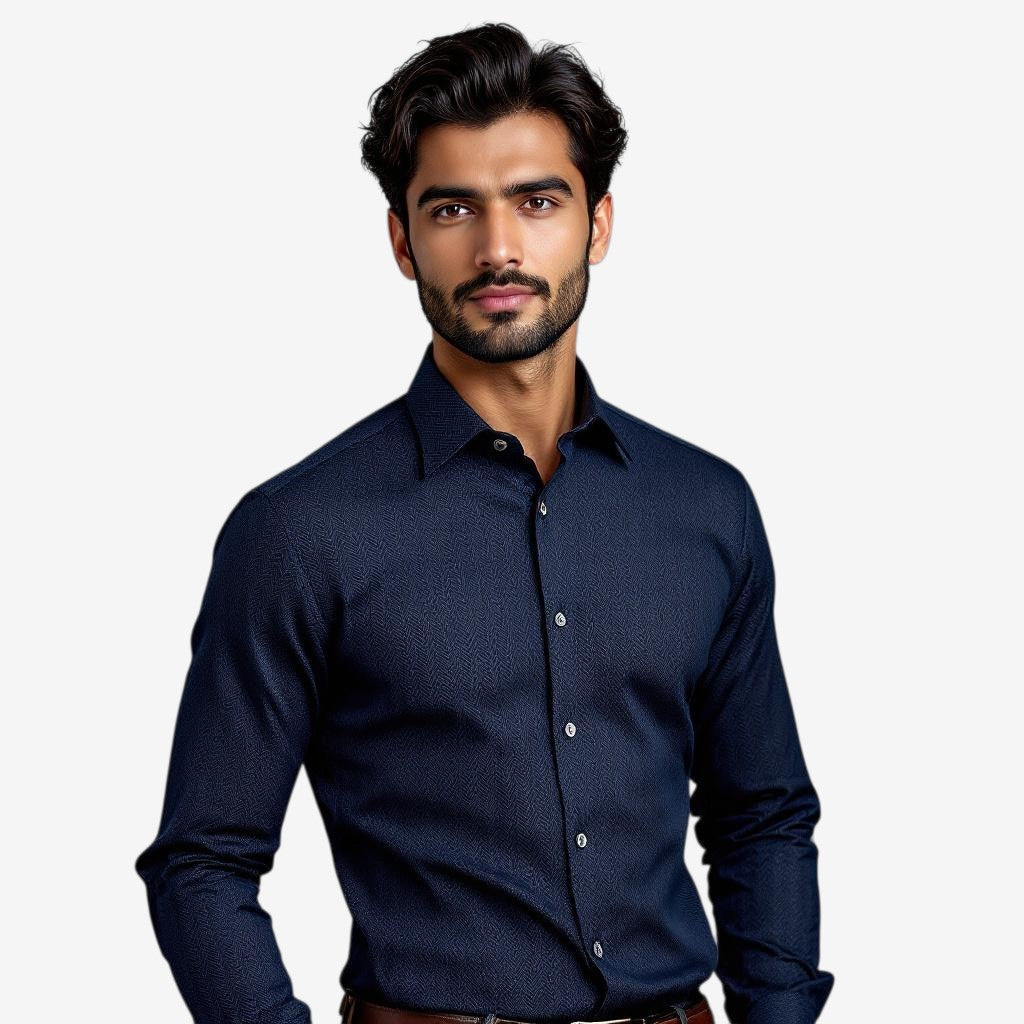 Pakistani man in a premium textured formal shirt with subtle weave, soft neutral color, minimal background, elegant professional style.