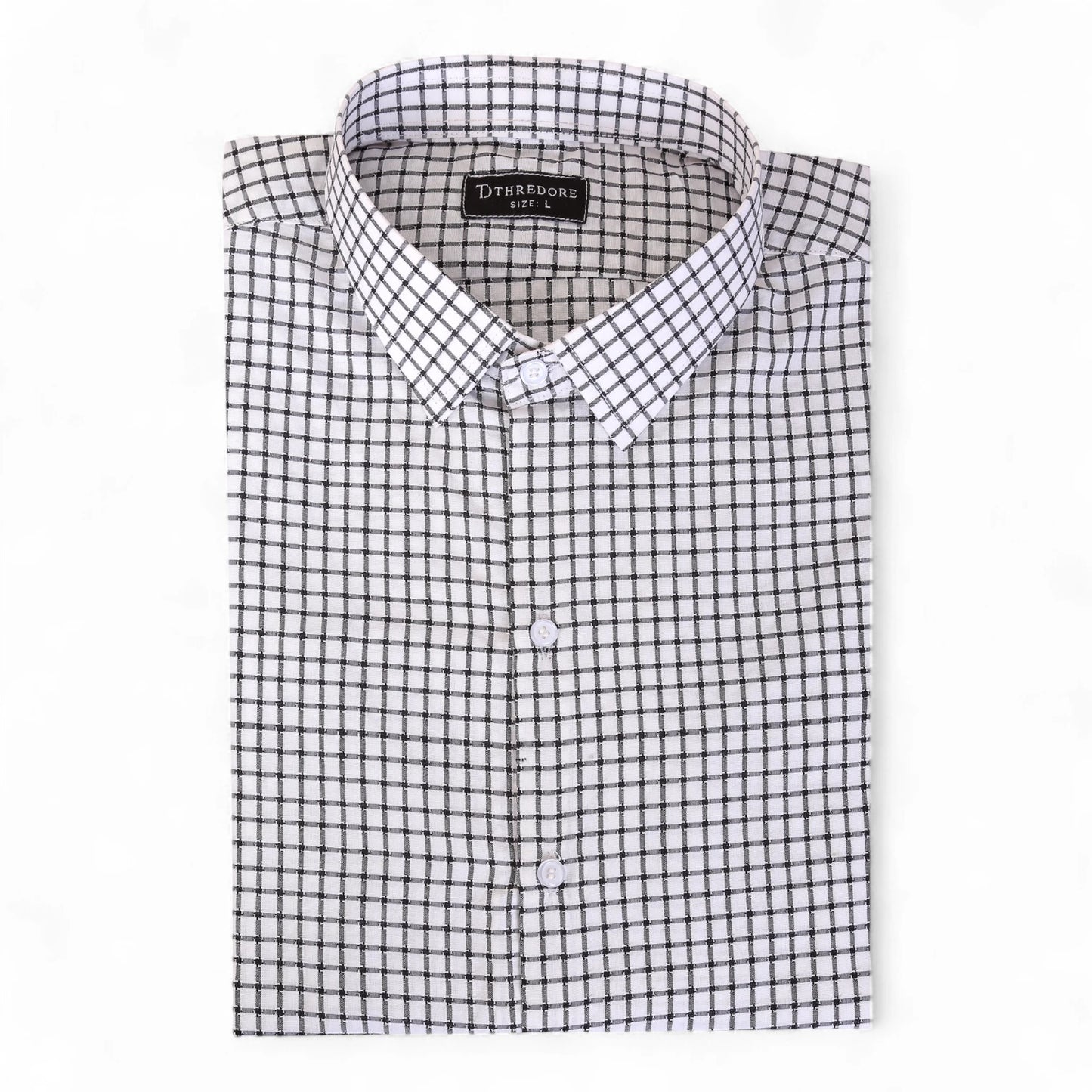 White Formal Shirt with Black Grid Checks for Men