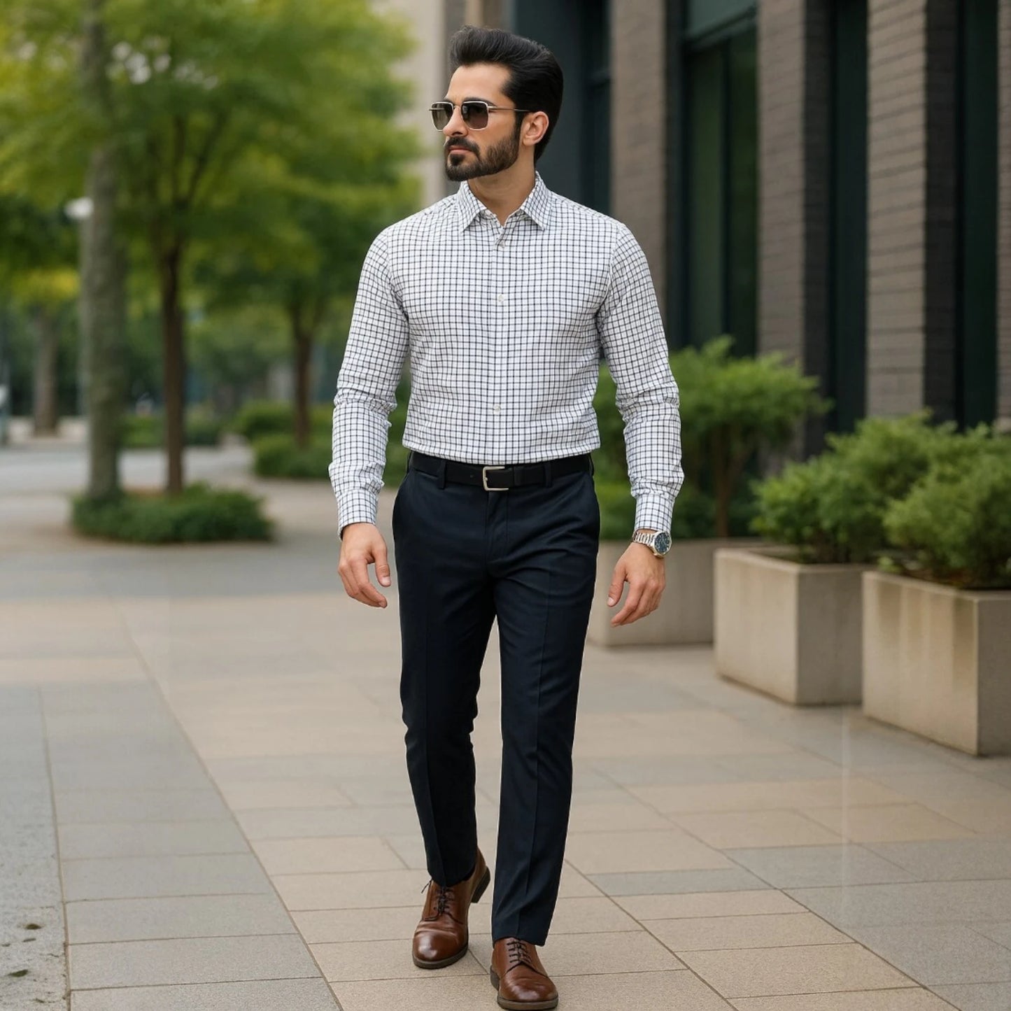 White Formal Shirt with Black Grid Checks for Men