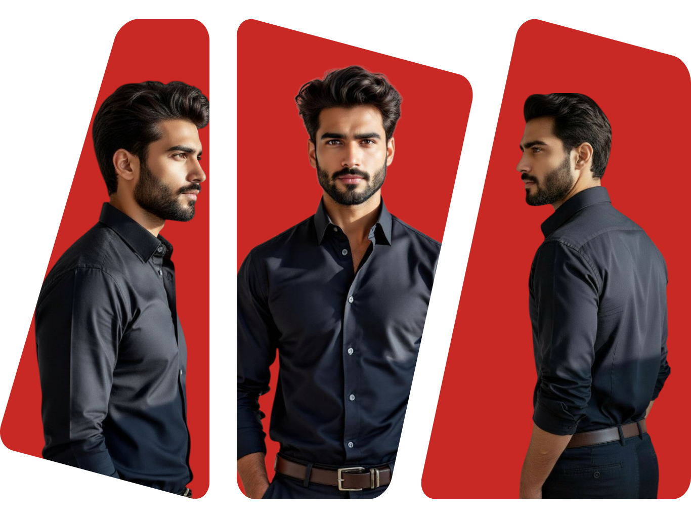 Young male model wearing Thredore black and scarlet red formal shirt, showcasing premium tailoring and modern style.