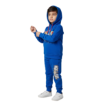 Kids blue fleece hoodie and trouser set with printed design