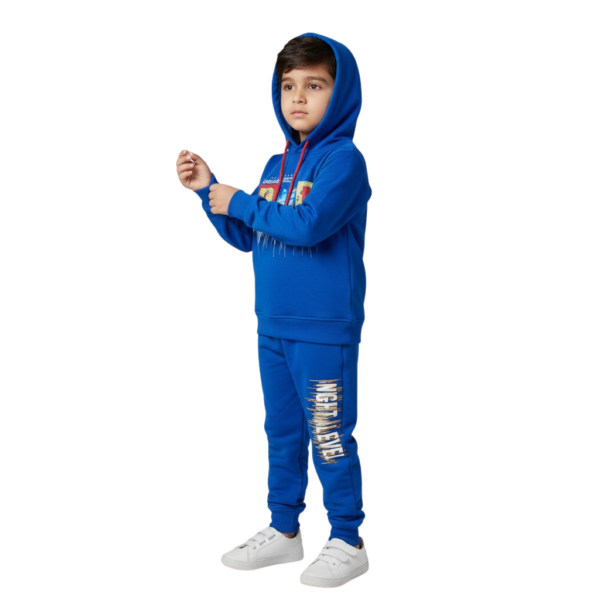 Kids blue fleece hoodie and trouser set with printed design