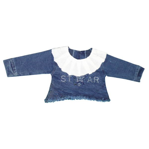 Girls denim top with white inner shirt and denim jeans outfit