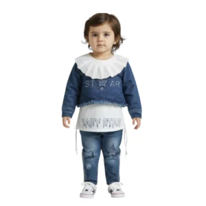 Girls denim top with white inner shirt and denim jeans outfit