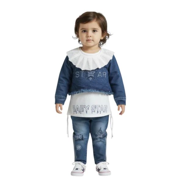 Girls denim top with white inner shirt and denim jeans outfit