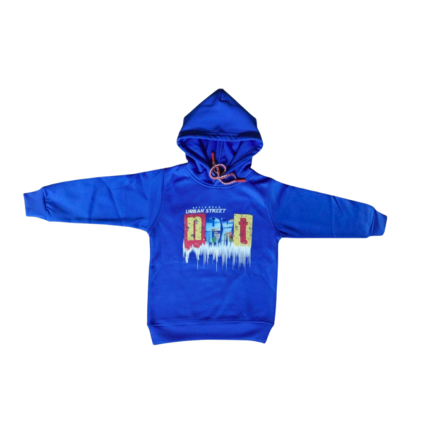 Kids blue fleece hoodie and trouser set with printed design