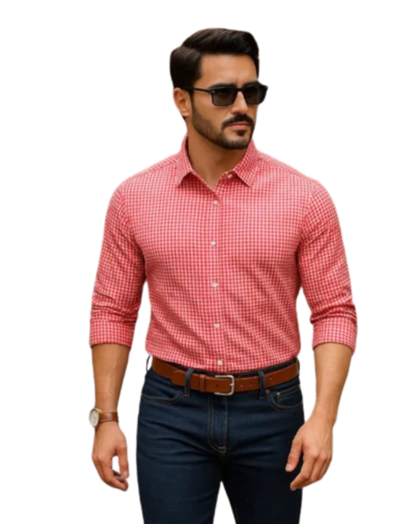 Pakistani male model wearing a premium Thredore formal shirt in a clean studio setting.