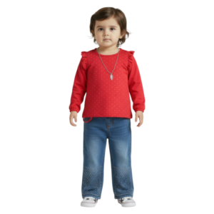 Girls red cotton top with blue denim jeans outfit
